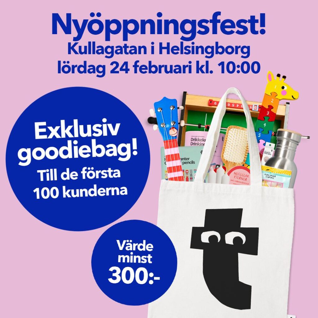 En affisch med rosa bakgrund, där det i blå text står att det är Nyöppningsfest för Flying Tiger, där du kan få goodiebag.
