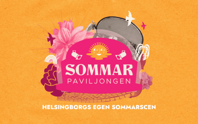 Grafiskbild, orange bakgrund med test i rosa och vitt där det står Sommar Paviljongen Helsingborgs egen sommarscen.