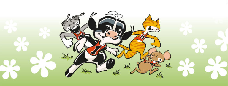 Grafisk bild för Kalvinknatet, en tecknad kalv, katt, mus och hund springer i gräset