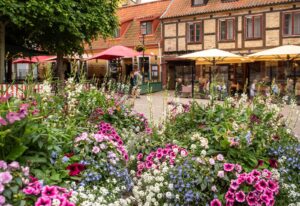 Maria torg med blommor i förgrunden och i bakgrunden ser man gamla hus och uteserveringar.