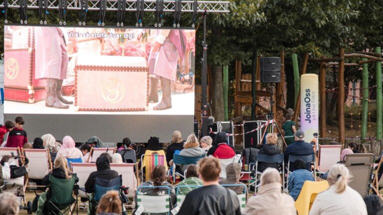 Filmvisning utomhus i en park med personer som sitter på filtar och i medtagna stolar.