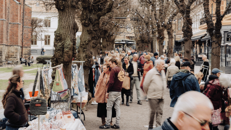 En marknad med folk som säljer second hand och hantverk. Marknadsborden står under en allé med träd utan löv. Mellan träden hänger ljusslingor. Folk går och tittar på utställarna.
